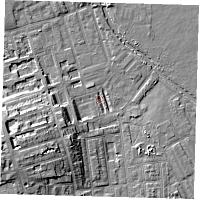 Shaded relief map of the ground around E50JJ, computed from Environment Agency LiDAR. The ground here sits at about 6 m above sea level and falls 14 m across the surrounding 800 m. Surface water reaching this point runs off ground lying to the south-west, 13.9 m higher.