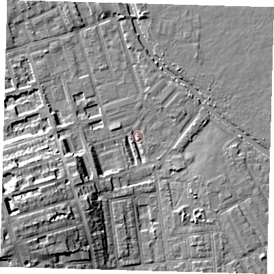 Shaded relief map of the ground around E50JL, computed from Environment Agency LiDAR. The ground here sits at about 6 m above sea level and falls 14 m across the surrounding 800 m. Surface water reaching this point runs off ground lying to the west-south-west, 14.0 m higher.