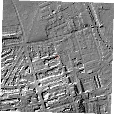 Shaded relief map of the ground around E50JP, computed from Environment Agency LiDAR. The ground here sits at about 7 m above sea level and falls 17 m across the surrounding 800 m. Surface water reaching this point runs off ground lying to the south-south-west, 12.8 m higher.