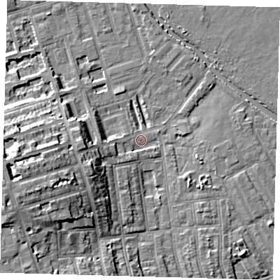 Shaded relief map of the ground around E50JQ, computed from Environment Agency LiDAR. The ground here sits at about 7 m above sea level and falls 14 m across the surrounding 800 m. Surface water reaching this point runs off ground lying to the west-south-west, 9.3 m higher.