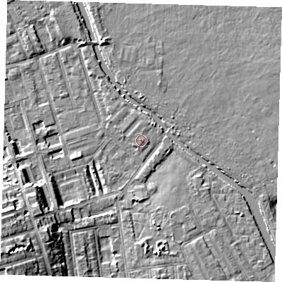 Shaded relief map of the ground around E50SR, computed from Environment Agency LiDAR. The ground here sits at about 7 m above sea level and falls 14 m across the surrounding 800 m. Surface water reaching this point runs off ground lying to the east-south-east, 0.7 m higher.