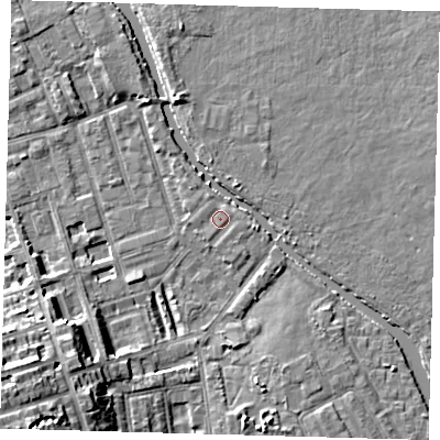 Shaded relief map of the ground around E50SS, computed from Environment Agency LiDAR. The ground here sits at about 7 m above sea level and falls 14 m across the surrounding 800 m. Surface water reaching this point runs off ground lying to the south-south-west, 0.6 m higher.