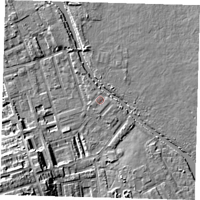 Shaded relief map of the ground around E50ST, computed from Environment Agency LiDAR. The ground here sits at about 7 m above sea level and falls 14 m across the surrounding 800 m. Surface water reaching this point runs off ground lying to the south-east, 0.7 m higher.
