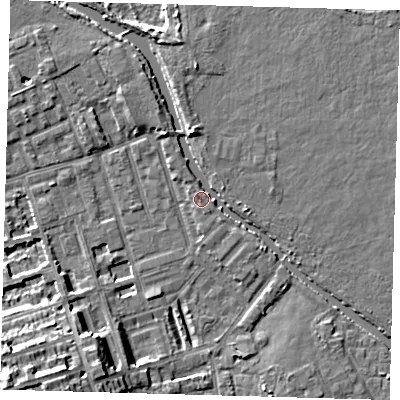 Shaded relief map of the ground around E50SW, computed from Environment Agency LiDAR. The ground here sits at about 7 m above sea level and falls 15 m across the surrounding 800 m. Surface water reaching this point runs off ground lying to the south-west, 4.0 m higher.