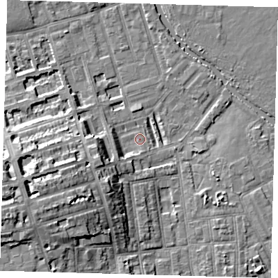 Shaded relief map of the ground around E50TA, computed from Environment Agency LiDAR. The ground here sits at about 7 m above sea level and falls 15 m across the surrounding 800 m. Surface water reaching this point runs off ground lying to the west-south-west, 13.1 m higher.