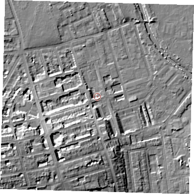 Shaded relief map of the ground around E50TD, computed from Environment Agency LiDAR. The ground here sits at about 7 m above sea level and falls 16 m across the surrounding 800 m. Surface water reaching this point runs off ground lying to the south-south-west, 11.6 m higher.