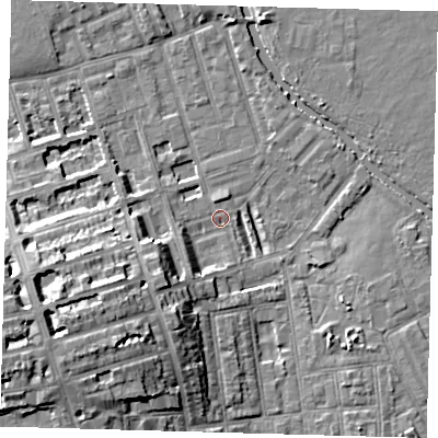 Shaded relief map of the ground around E50TF, computed from Environment Agency LiDAR. The ground here sits at about 6 m above sea level and falls 15 m across the surrounding 800 m. Surface water reaching this point runs off ground lying to the south-west, 13.2 m higher.