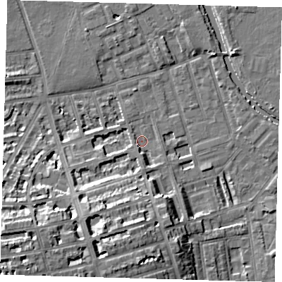 Shaded relief map of the ground around E50TG, computed from Environment Agency LiDAR. The ground here sits at about 6 m above sea level and falls 17 m across the surrounding 800 m. Surface water reaching this point runs off ground lying to the south-west, 10.3 m higher.
