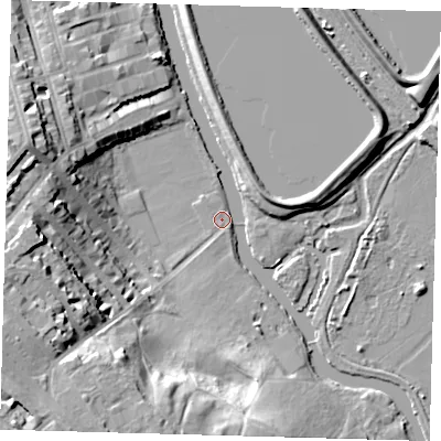 Shaded relief map of the ground around E59BL, computed from Environment Agency LiDAR. The ground here sits at about 7 m above sea level and falls 26 m across the surrounding 800 m. Surface water reaching this point runs off ground lying to the south-west, 23.8 m higher.