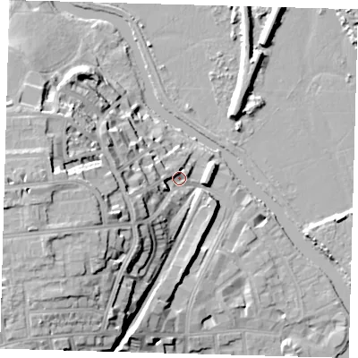 Shaded relief map of the ground around E59HL, computed from Environment Agency LiDAR. The ground here sits at about 11 m above sea level and falls 26 m across the surrounding 800 m. Surface water reaching this point runs off ground lying to the west, 21.6 m higher.