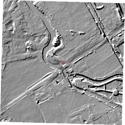 Shaded relief map of the ground around E59HP, computed from Environment Agency LiDAR. The ground here sits at about 8 m above sea level and falls 9 m across the surrounding 800 m. Surface water reaching this point runs off ground lying to the south-south-east, 2.9 m higher.