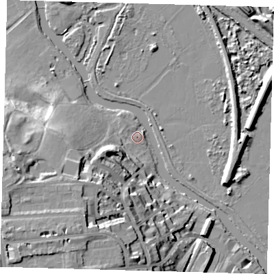 Shaded relief map of the ground around E59HQ, computed from Environment Agency LiDAR. The ground here sits at about 7 m above sea level and falls 26 m across the surrounding 800 m. Surface water reaching this point runs off ground lying to the north-west, 1.0 m higher.