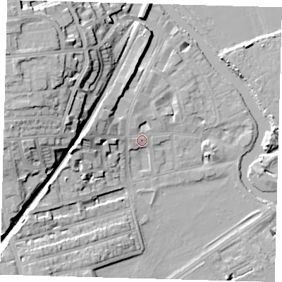 Shaded relief map of the ground around E59NF, computed from Environment Agency LiDAR. The ground here sits at about 10 m above sea level and falls 26 m across the surrounding 800 m. Surface water reaching this point runs off ground lying to the west, 9.4 m higher.
