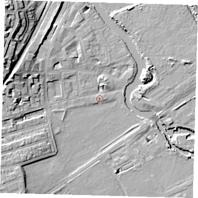Shaded relief map of the ground around E59PB, computed from Environment Agency LiDAR. The ground here sits at about 8 m above sea level and falls 24 m across the surrounding 800 m. Surface water reaching this point runs off ground lying to the west, 14.9 m higher.
