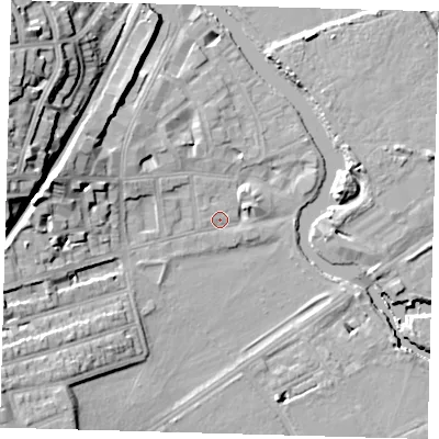 Shaded relief map of the ground around E59PH, computed from Environment Agency LiDAR. The ground here sits at about 7 m above sea level and falls 25 m across the surrounding 800 m. Surface water reaching this point runs off ground lying to the west, 14.1 m higher.