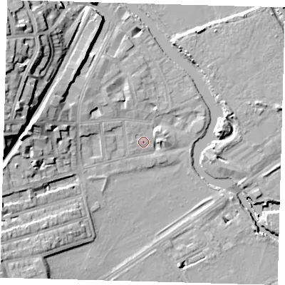 Shaded relief map of the ground around E59PN, computed from Environment Agency LiDAR. The ground here sits at about 8 m above sea level and falls 25 m across the surrounding 800 m. Surface water reaching this point runs off ground lying to the north-north-west, 0.9 m higher.