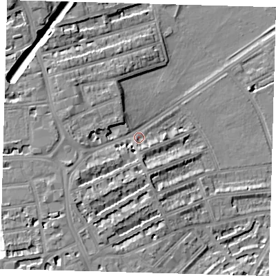 Shaded relief map of the ground around E59QD, computed from Environment Agency LiDAR. The ground here sits at about 15 m above sea level and falls 20 m across the surrounding 800 m. Surface water reaching this point runs off ground lying to the west, 7.9 m higher.