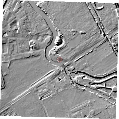Shaded relief map of the ground around E59QG, computed from Environment Agency LiDAR. The ground here sits at about 7 m above sea level and falls 11 m across the surrounding 800 m. Surface water reaching this point runs off ground lying to the south-west, 7.4 m higher.