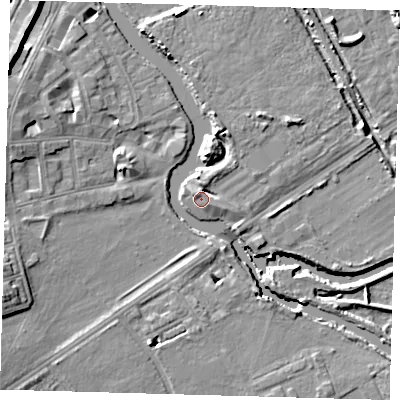 Shaded relief map of the ground around E59QQ, computed from Environment Agency LiDAR. The ground here sits at about 8 m above sea level and falls 12 m across the surrounding 800 m. Surface water reaching this point runs off ground lying to the north-north-east, 3.5 m higher.