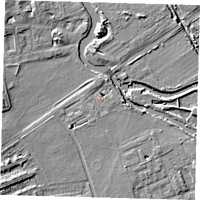 Shaded relief map of the ground around E59RB, computed from Environment Agency LiDAR. The ground here sits at about 7 m above sea level and falls 15 m across the surrounding 800 m. Surface water reaching this point runs off ground lying to the south-west, 5.0 m higher.