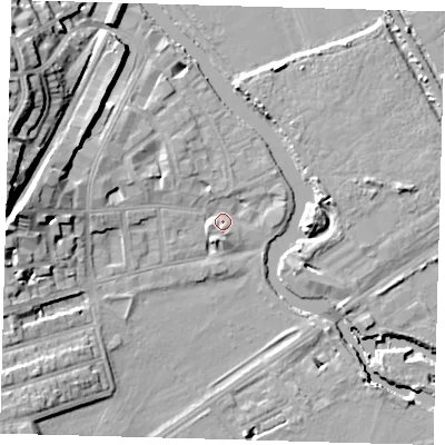 Shaded relief map of the ground around E59RE, computed from Environment Agency LiDAR. The ground here sits at about 8 m above sea level and falls 22 m across the surrounding 800 m. Surface water reaching this point runs off ground lying to the west, 13.2 m higher.