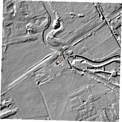 Shaded relief map of the ground around E59RF, computed from Environment Agency LiDAR. The ground here sits at about 7 m above sea level and falls 13 m across the surrounding 800 m. Surface water reaching this point runs off ground lying to the south-west, 5.0 m higher.