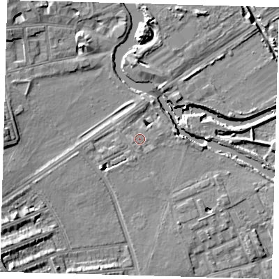Shaded relief map of the ground around E59RG, computed from Environment Agency LiDAR. The ground here sits at about 7 m above sea level and falls 16 m across the surrounding 800 m. Surface water reaching this point runs off ground lying to the south-west, 5.0 m higher.