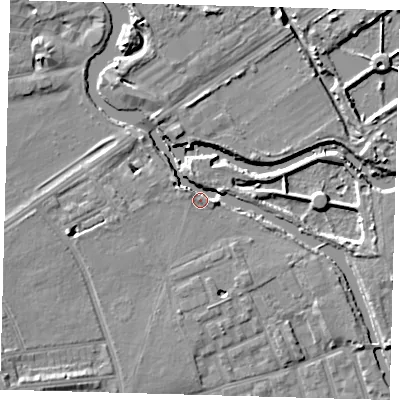 Shaded relief map of the ground around E59RH, computed from Environment Agency LiDAR. The ground here sits at about 7 m above sea level and falls 9 m across the surrounding 800 m. Surface water reaching this point runs off ground lying to the south-west, 9.3 m higher.
