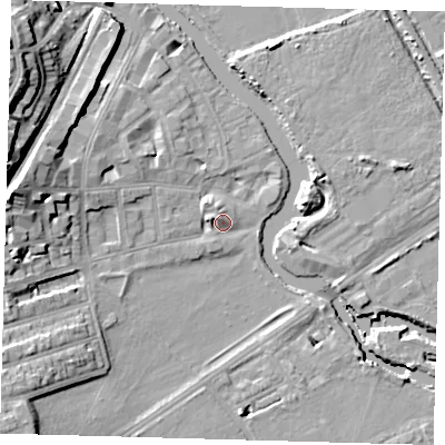 Shaded relief map of the ground around E59RN, computed from Environment Agency LiDAR. The ground here sits at about 8 m above sea level and falls 21 m across the surrounding 800 m. Surface water reaching this point runs off ground lying to the west, 13.8 m higher.