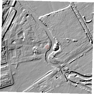 Shaded relief map of the ground around E59RQ, computed from Environment Agency LiDAR. The ground here sits at about 7 m above sea level and falls 15 m across the surrounding 800 m. Surface water reaching this point runs off ground lying to the west, 8.9 m higher.