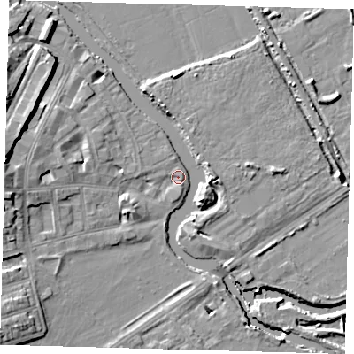 Shaded relief map of the ground around E59RR, computed from Environment Agency LiDAR. The ground here sits at about 7 m above sea level and falls 13 m across the surrounding 800 m. Surface water reaching this point runs off ground lying to the south-west, 10.3 m higher.