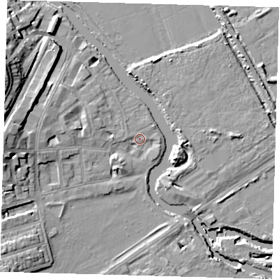 Shaded relief map of the ground around E59RW, computed from Environment Agency LiDAR. The ground here sits at about 7 m above sea level and falls 18 m across the surrounding 800 m. Surface water reaching this point runs off ground lying to the west, 11.4 m higher.