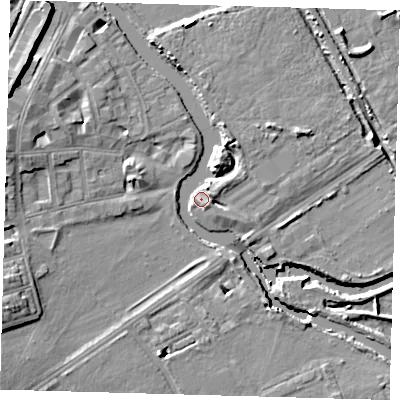 Shaded relief map of the ground around E59RZ, computed from Environment Agency LiDAR. The ground here sits at about 8 m above sea level and falls 12 m across the surrounding 800 m. Surface water reaching this point runs off ground lying to the south-west, 9.4 m higher.