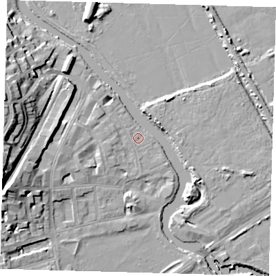 Shaded relief map of the ground around E59SS, computed from Environment Agency LiDAR. The ground here sits at about 7 m above sea level and falls 21 m across the surrounding 800 m. Surface water reaching this point runs off ground lying to the west-south-west, 2.5 m higher.
