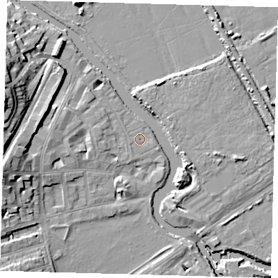 Shaded relief map of the ground around E59ST, computed from Environment Agency LiDAR. The ground here sits at about 7 m above sea level and falls 20 m across the surrounding 800 m. Surface water reaching this point runs off ground lying to the south-west, 0.8 m higher.