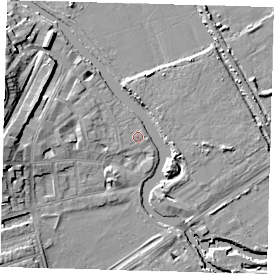 Shaded relief map of the ground around E59SU, computed from Environment Agency LiDAR. The ground here sits at about 7 m above sea level and falls 17 m across the surrounding 800 m. Surface water reaching this point runs off ground lying to the west, 0.8 m higher.