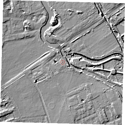 Shaded relief map of the ground around E59UB, computed from Environment Agency LiDAR. The ground here sits at about 7 m above sea level and falls 12 m across the surrounding 800 m. Surface water reaching this point runs off ground lying to the east-south-east, 1.7 m higher.