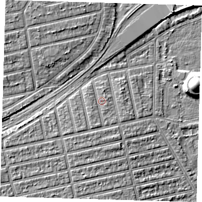 Shaded relief map of the ground around E62AH, computed from Environment Agency LiDAR. The ground here sits at about 6 m above sea level and falls 11 m across the surrounding 800 m. Surface water reaching this point runs off ground lying to the south, 1.4 m higher.