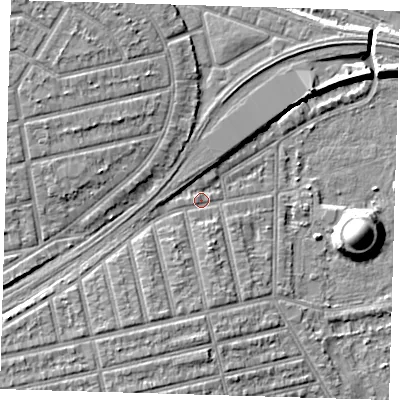 Shaded relief map of the ground around E62AL, computed from Environment Agency LiDAR. The ground here sits at about 4 m above sea level and falls 11 m across the surrounding 800 m. Surface water reaching this point runs off ground lying to the north-west, 5.6 m higher.