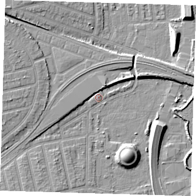 Shaded relief map of the ground around E62AT, computed from Environment Agency LiDAR. The ground here sits at about 3 m above sea level and falls 10 m across the surrounding 800 m. Surface water reaching this point runs off ground lying to the north-north-east, 3.9 m higher.