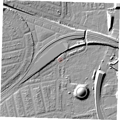 Shaded relief map of the ground around E62AU, computed from Environment Agency LiDAR. The ground here sits at about 3 m above sea level and falls 10 m across the surrounding 800 m. Surface water reaching this point runs off ground lying to the south-west, 5.1 m higher.