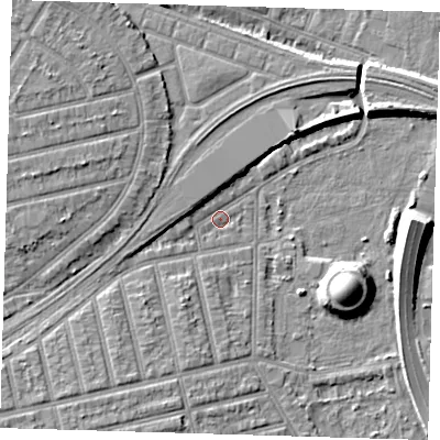 Shaded relief map of the ground around E62AX, computed from Environment Agency LiDAR. The ground here sits at about 3 m above sea level and falls 11 m across the surrounding 800 m. Surface water reaching this point runs off ground lying to the south-west, 4.3 m higher.