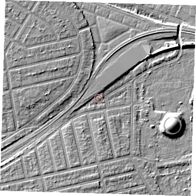 Shaded relief map of the ground around E62BA, computed from Environment Agency LiDAR. The ground here sits at about 4 m above sea level and falls 11 m across the surrounding 800 m. Surface water reaching this point runs off ground lying to the west, 2.3 m higher.