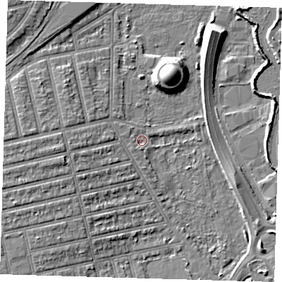 Shaded relief map of the ground around E62DA, computed from Environment Agency LiDAR. The ground here sits at about 3 m above sea level and falls 11 m across the surrounding 800 m. Surface water reaching this point runs off ground lying to the south-west, 1.4 m higher.