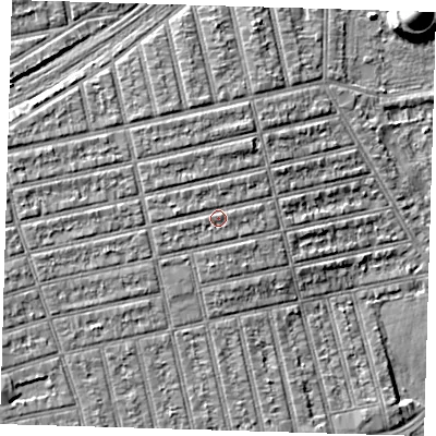 Shaded relief map of the ground around E62DG, computed from Environment Agency LiDAR. The ground here sits at about 6 m above sea level and falls 11 m across the surrounding 800 m. Surface water reaching this point runs off ground lying to the west-south-west, 0.9 m higher.