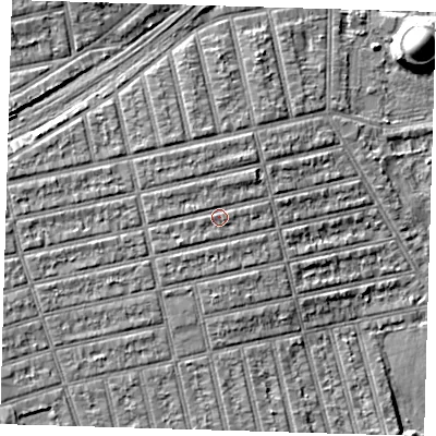Shaded relief map of the ground around E62DL, computed from Environment Agency LiDAR. The ground here sits at about 6 m above sea level and falls 11 m across the surrounding 800 m. Surface water reaching this point runs off ground lying to the west-south-west, 1.3 m higher.