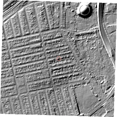 Shaded relief map of the ground around E62DQ, computed from Environment Agency LiDAR. The ground here sits at about 4 m above sea level and falls 11 m across the surrounding 800 m. Surface water reaching this point runs off ground lying to the west-south-west, 2.3 m higher.