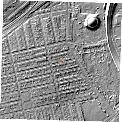 Shaded relief map of the ground around E62DW, computed from Environment Agency LiDAR. The ground here sits at about 5 m above sea level and falls 11 m across the surrounding 800 m. Surface water reaching this point runs off ground lying to the west-north-west, 1.7 m higher.