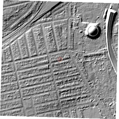 Shaded relief map of the ground around E62DZ, computed from Environment Agency LiDAR. The ground here sits at about 5 m above sea level and falls 11 m across the surrounding 800 m. Surface water reaching this point runs off ground lying to the west, 2.9 m higher.