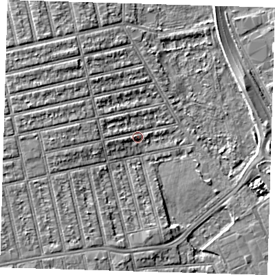 Shaded relief map of the ground around E62EP, computed from Environment Agency LiDAR. The ground here sits at about 3 m above sea level and falls 6 m across the surrounding 800 m. Surface water reaching this point runs off ground lying to the west, 3.9 m higher.